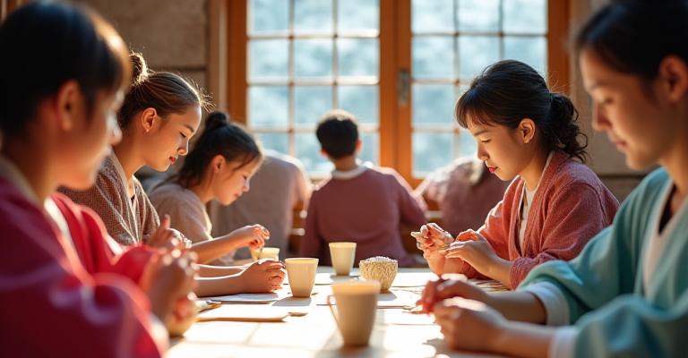 한복을 입고 전통 공예를 배우는 사람들